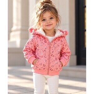 Real Love Girls Pink Leopard Print Hooded Full Zip Fleece Jacket Pockets 2T